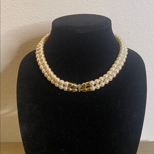Elegant Faux Glass Pearl Necklace with Gold and clear rhinestones accent